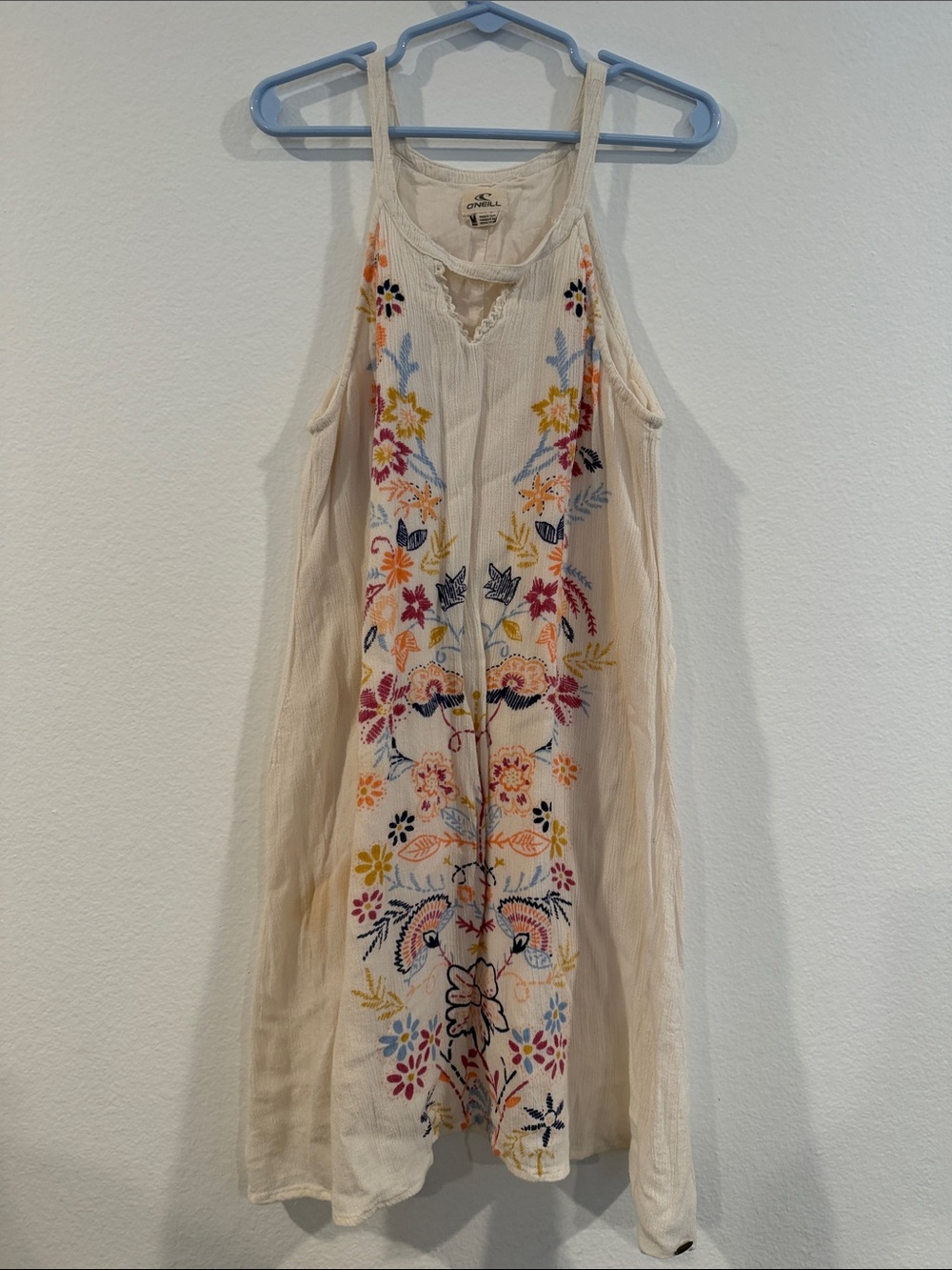 O'Neill Cream Mini Dress with Multicolor Floral Embroidery